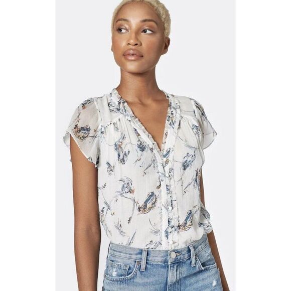 Joie Saesha Silk Top in Porcelain White Blue Floral Short Sleeve Blouse S $228 - Picture 1 of 9